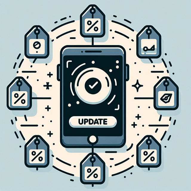 update button on a mobile app with discount tags around