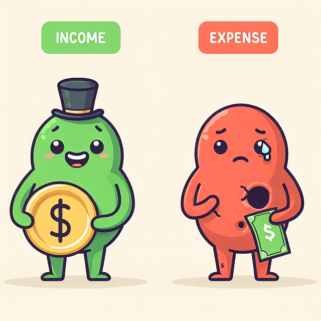 cartoon characters representing income and expenses