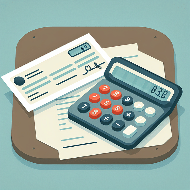 a calculator and a paycheck on a desk