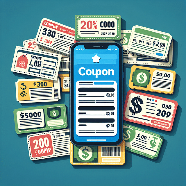 a collection of various coupons and a smartphone displaying a coupon app
