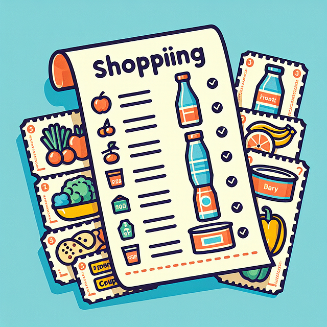 a shopping list with coupons attached to it