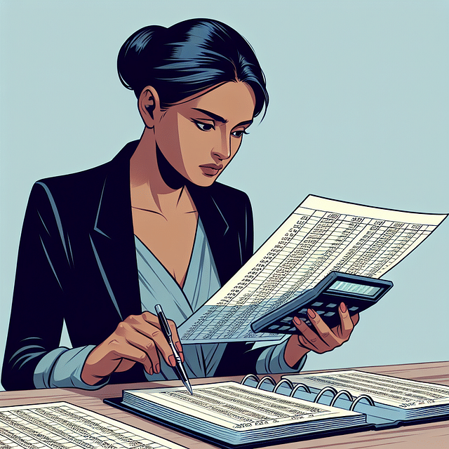 a person examining a budget ledger with a calculator