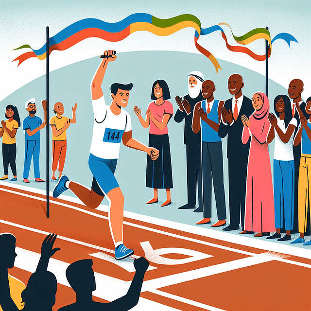 runner crossing a finish line with a cheering crowd