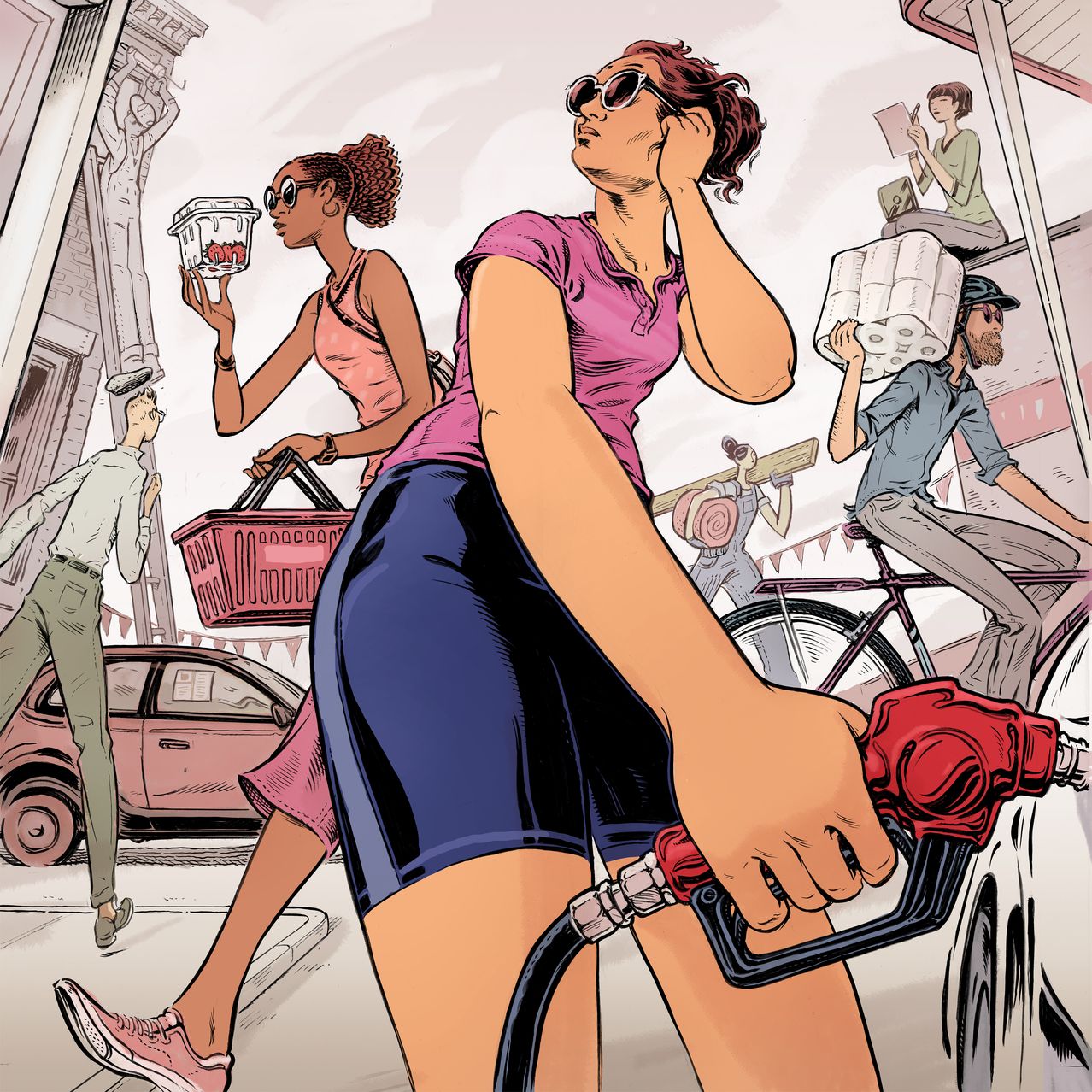 cartoon woman with bills and calculator