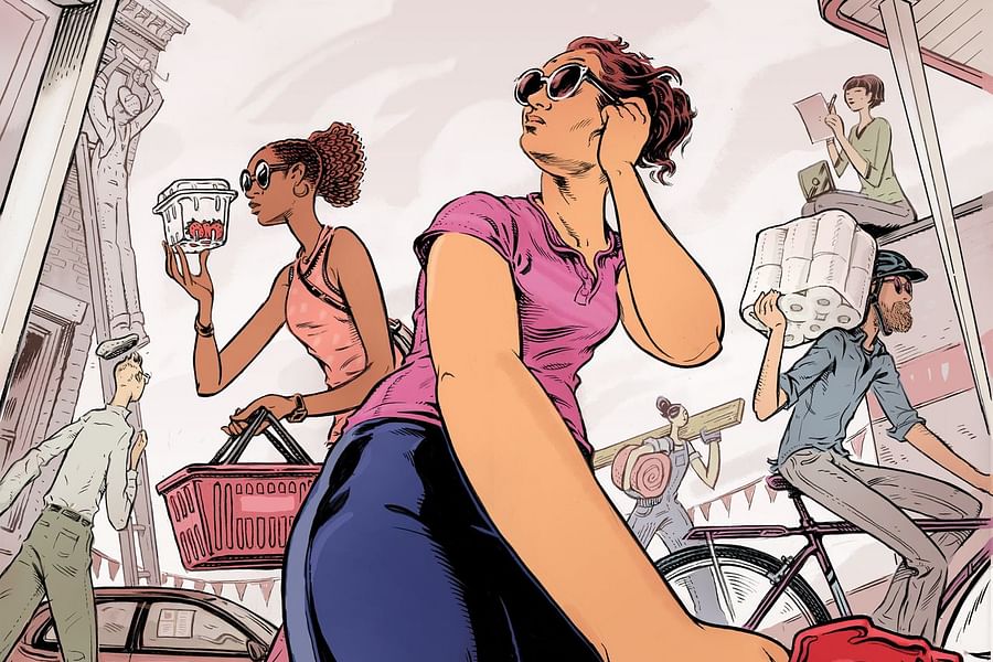 cartoon woman with bills and calculator